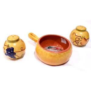 LOT OF 3 Hand Made ITALY Kitchen Pottery Soup Chili Bowl, Salt & Pepper shakers
